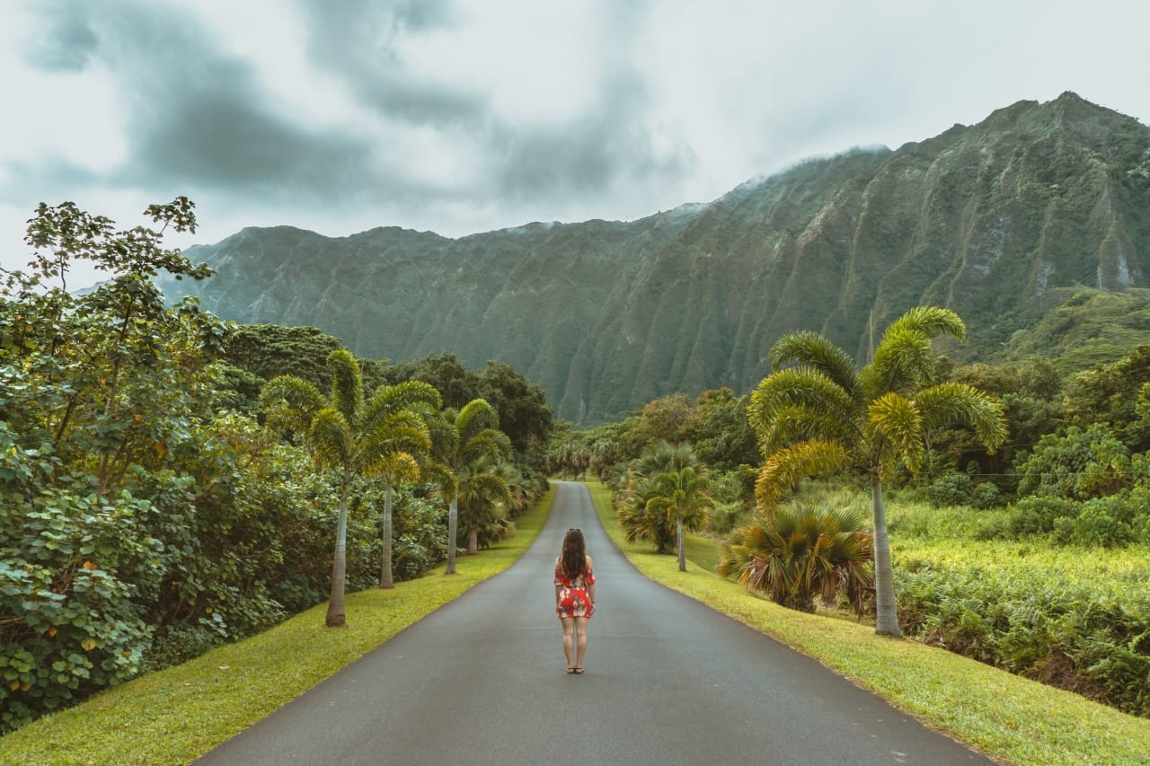 Hawaii, mountains, woman, road